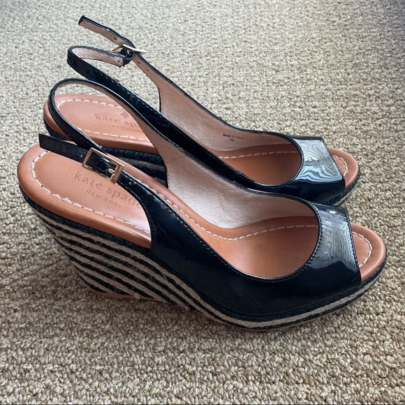 NWOT Kate Spade Black Patent Leather Peep-toe Slingback Espadrilles Wedges - Picture 3 of 5